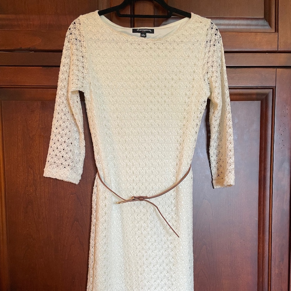 Cream Lace Knee Length Sharagano Dress With Brown Belt NWOT